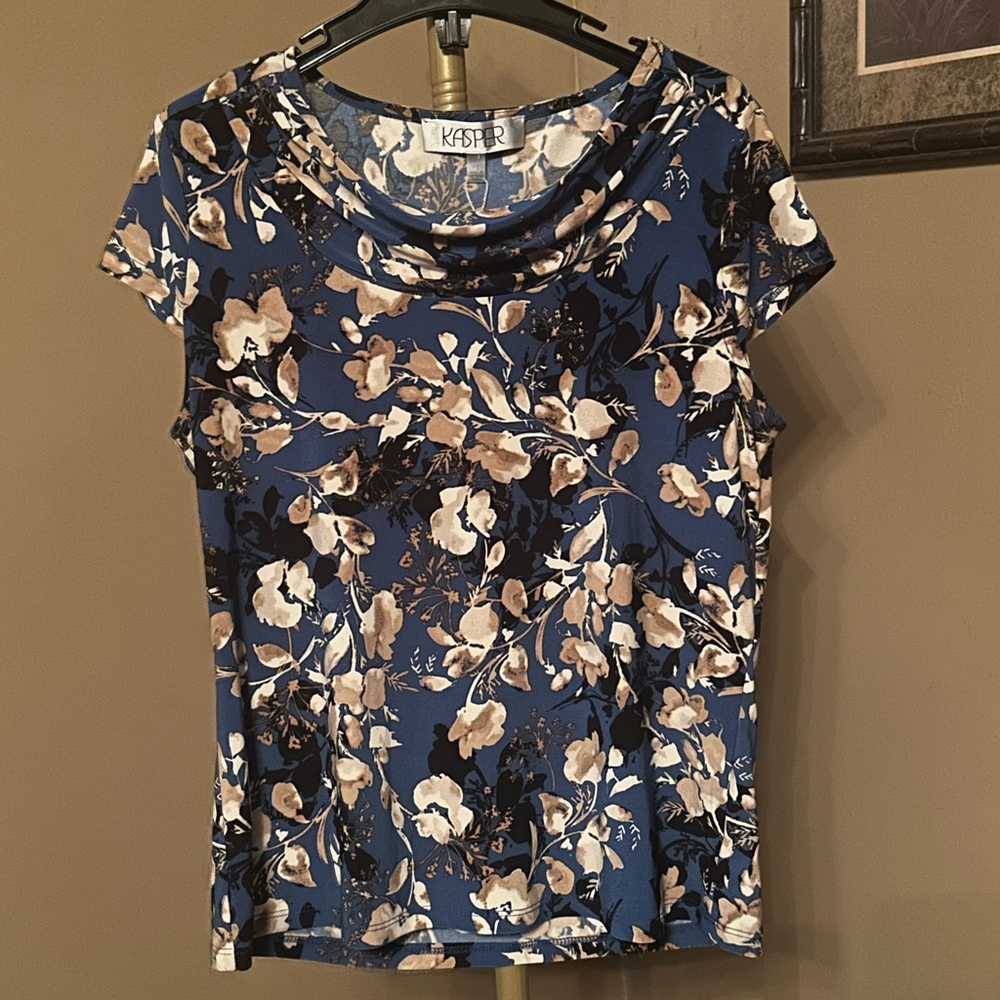 Kasper Blue Floral Cowl Neck Short Sleeve Tee